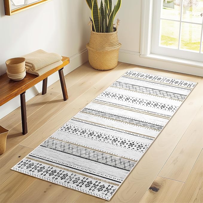 2x6 Washable Area Rugs for Living Room Boho Runner Rug Black/Brown | Vacuum Friendly, Machine Washable, Non-Slip Rug, Stain Resistant, Moroccan Geometric, Low Pile Carpet, Hallway Kitchen
