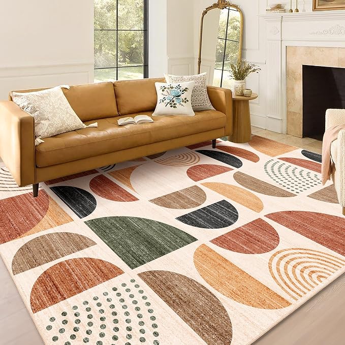 5x7 Area Rugs Washable,Boho Rugs Non Slip Modern Abstract Large | Throw Carpet for Living Room Bedroom Dining Room Soft Low Pile Floor Indoor Bohemian Terracotta