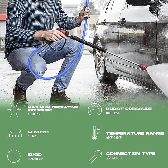 Sewer Jetter Kit for Pressure Washer 50FT, 5800 PSI Water Jet Drain Cleaner Hose 1/4 Inch NPT Corner, Rotating and Button Sewer Jetting Nozzles, Waterproof Tape, Spanners, and Pearl Corsage Pin