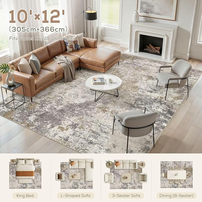 Nakagishi 10X12 Abstract Washable Area Rugs for Living Room-Brown Grey | Modern Non-Slip Silicone Backing Low Pile Soft Carpet for Bedroom Dining Decor Ideal for Families with Kids and Pets