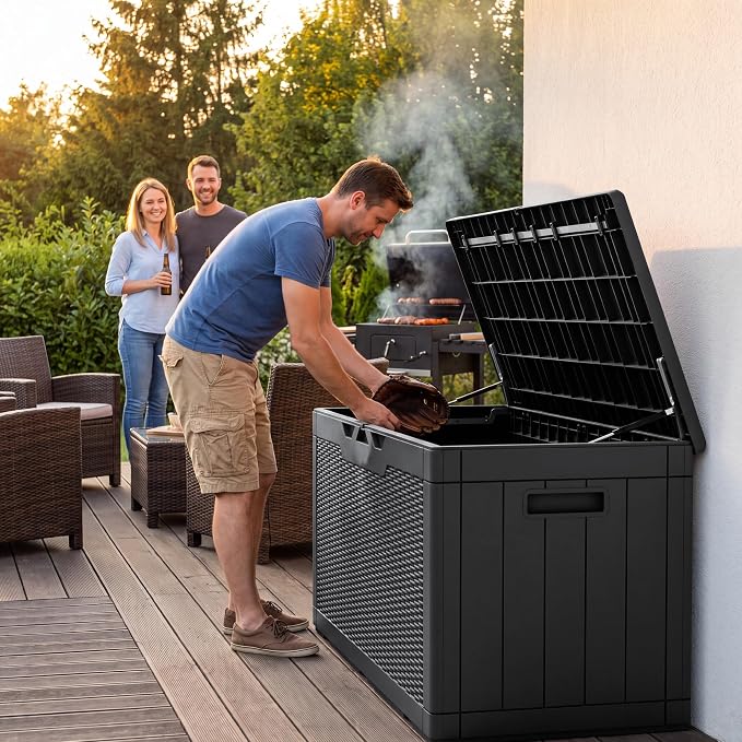 Flamaker Outdoor Storage Box 100 Gallon Waterproof Resin Deck Box Delivery Box with Air Rod Indoor Outdoor Lockable Storage Bench for Patio Cushions, Tools, Pool Accessories (Black)