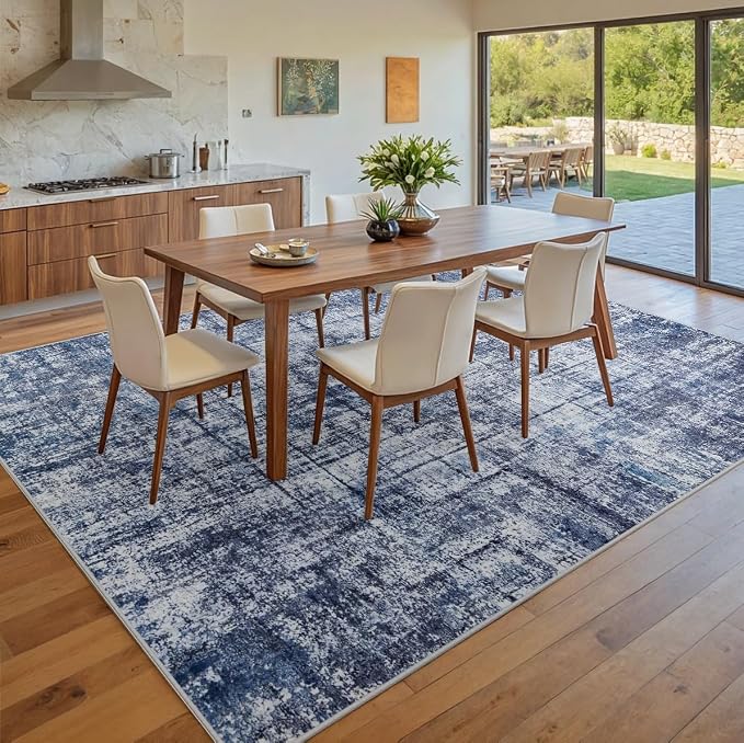 8x10 Washable Area Rug for Living Room Bedroom: Non-Slip Modern Navy Blue | Machine Washable TPR Backing, Stain-Resistant Low Pile, Pet & Kid Friendly, Abstract Decor for Dining Room, Dorm, Home Office
