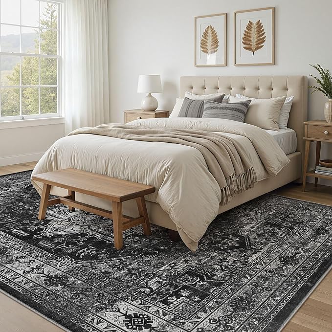 UERMEI 9x12 Area Rug Living Room Rugs - Washable Vintage Soft Large Rug Indoor Floor No Slip Rug Carpet for Bedroom Farmhouse Under Dining Table Home Office Decor - Black