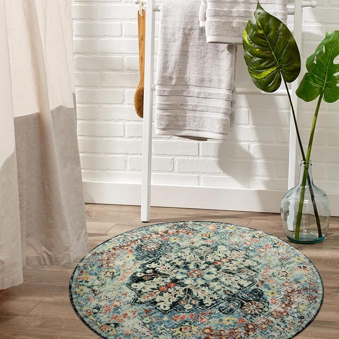 Lahome Reine Bohemian Floral Medallion Round Rug - 3Ft Small Bedroom Round Area Rug Soft Bathroom Circle Mat, Teal Vintage Non Slip Machine Washable Entryway Carpet for Nursery Kitchen Family Room