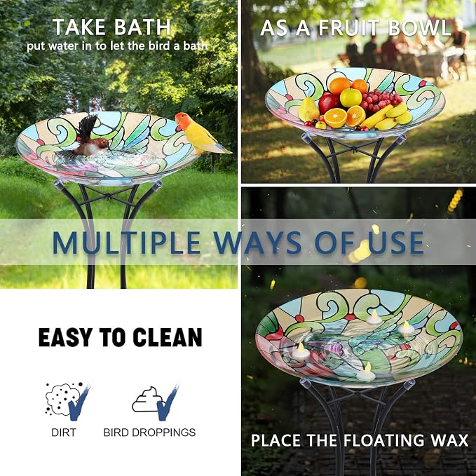 MUMTOP Bird Bath-Bird Baths for Outdoors - Hummingbird Large Bird Bath Bowl with Metal Stand, Glass BirdBaths for the Garden Lawn Yard Decor