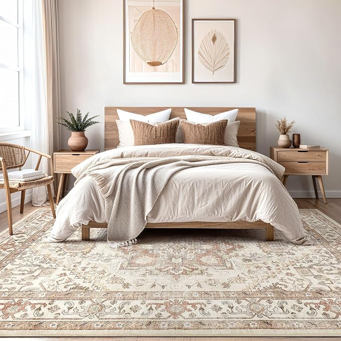 DTICON Vintage Washable 9x12 Area Rug Living Room Rugs, Beige | Boho Distressed, Pet & Kid Friendly, Non-Slip Backing, Soft Polyester, Low-pile Carpet for Living Room, Bedroom, Dining Room
