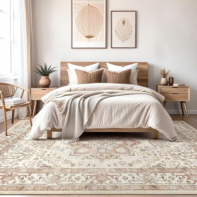 DTICON Vintage Washable 12x15 Area Rug Living Room Rugs, Beige | Boho Distressed, Pet & Kid Friendly, Non-Slip Backing, Soft Polyester, Low-pile Carpet for Living Room, Bedroom, Dining Room
