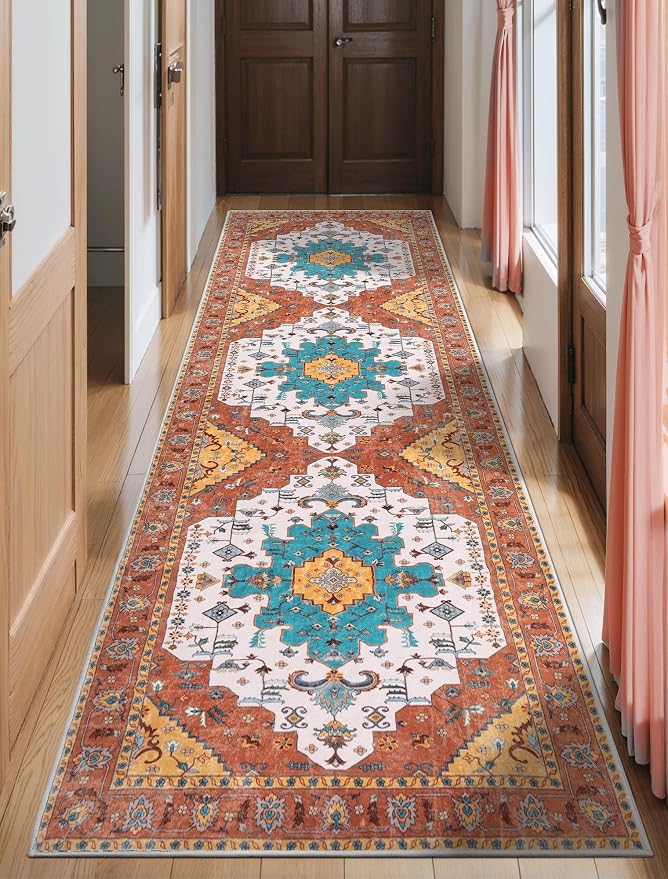 SERISSA 2'6"x10' Washable Non Slip Boho Runner Rug for Hallway，Orange | Ultra Soft Vintage Oriental Carpet Low-Pile Distressed Tribal Floor Carpet for Kitchen Bedroom Bathroom Laundry Room