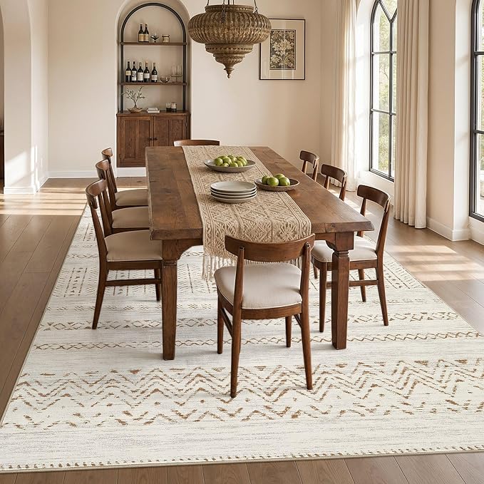 cotiled Boho 12x15 Area Rug for Living Room: Large Moroccan Washable Rug | Stain Resistan Carpet for Bedroom Farmhouse Brown Cream