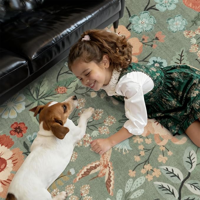 DCX Vintage Floral Washable Area Rug 2x6, Non Slip Low Pile Rug, Sage Green | Rugs for entryway, kitchen, dining room, office, soft, kid & pet friendly, sain resistant indoor carpet, home decor