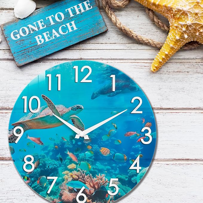 Crosstime 12 Inch Outdoor Clock – Waterproof Tempered Glass with Sea Turtle & Marine Life Theme, UV Resistant, Silent Nautical Coastal Decor Wall Clock for Patio, Pool, Garden, Backyard, Bathroom
