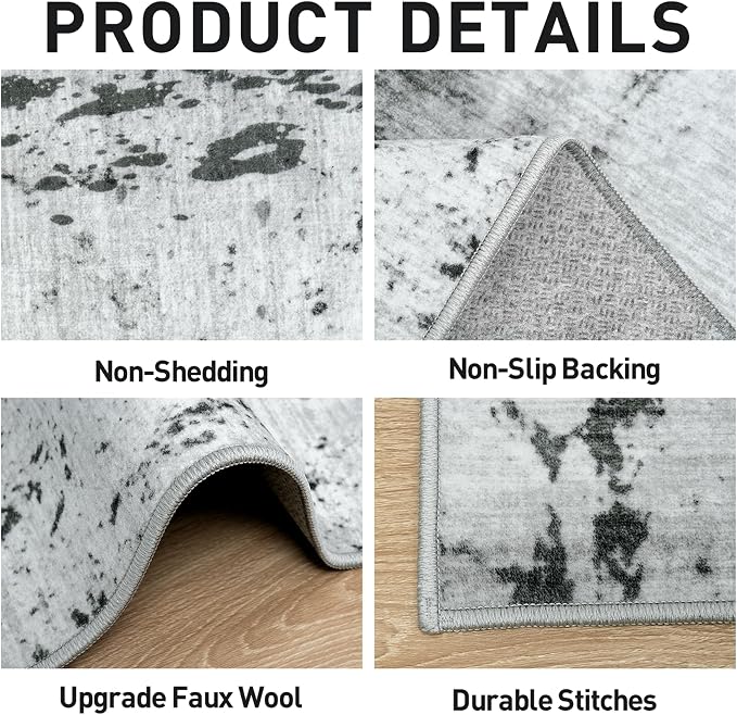 2'6''x8' Runner Rugs Washable Rug: Modern Abstract Black White Grey Carpet | Non-slip TPE backing makes this washable soft low-pile rug safe & durable, Pet-friendly decor for dining room,nursery,office