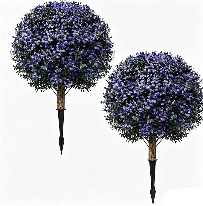 THKFUL Artificial Boxwood Topiary Ball Tree Outdoor Set of 2,Faux Bushes Plants with Spike,Artificial Boxwood Ball Fake Shrubs with Stake UV Resistant for Front Door Outdoor Planter Garden D17