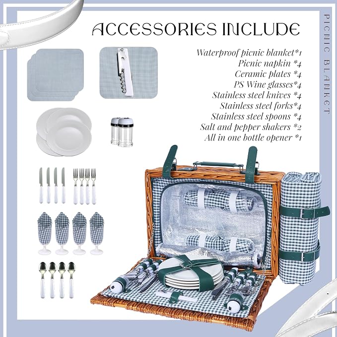 Picnic Basket Set for 4 with Waterproof Blanket Mat Insulation Bag Wicker Green Plaid Classic Cottagecore Gift for Christmas Thanksgiving Wedding Birthday Camp Outdoor Beach Travel