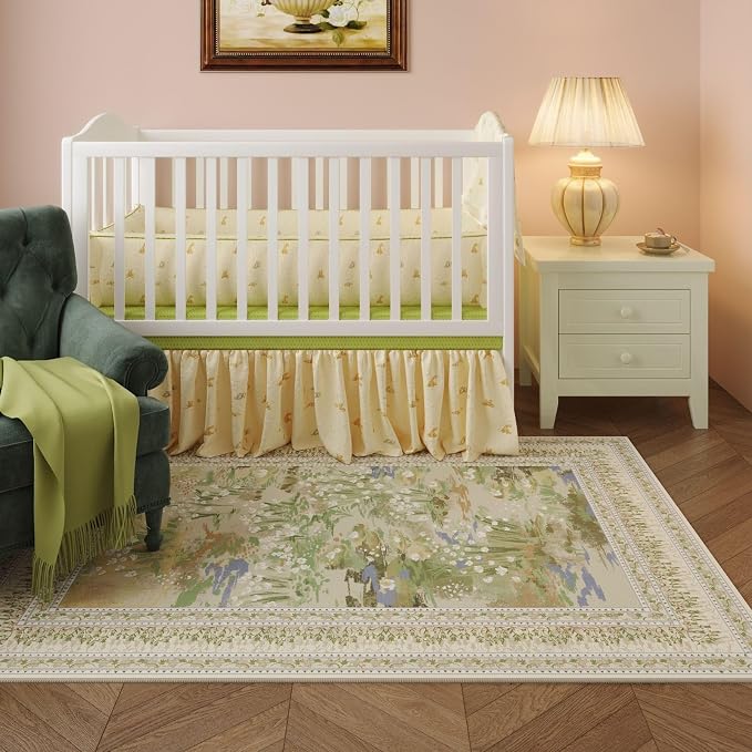 Rugcomf 5x7 Area Rugs Impressionist-Style Vintage Washable Area Rug Non Slip Low Pile Large Rugs for Living Room Bedroom Farmhouse Dining Room Kids Playroom, Beige