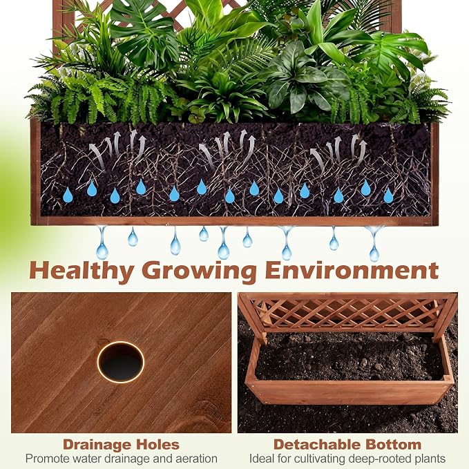 Giantex Raised Garden Bed with Trellis, 72'' Wooden Planter Box Outdoor w/Privacy Screen Roof, Large Vertical Garden Planter w/Drainage Holes for Climbing Plants, Patio Balcony Backyard