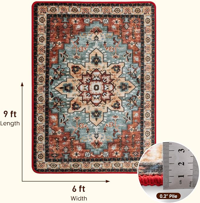 LBRO2M Machine Washable Rug Soft Pet Friendly Carpet 6X9 Red Teal | Area Rug 6X9 for Living Room, Bedroom, Dining Room, Home Office, Non Slip Carpet, Foldable Stain Resistant Rugs