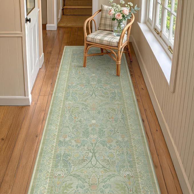 Long Hallway Runner Rug 2'6"x8', Washable Kitchen Rugs Non Slip, Woodland Floral Soft Front Door Mat Indoor Entrance (Sage Green)