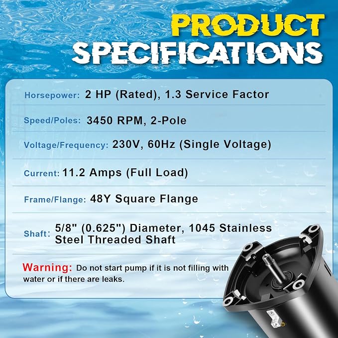 SQ1202 Pool Pump Motor 2HP 48Y Frame Fit for Century A.O.Smith Single Speed | Fit for Century A.O. Smith 2HP Single Speed, 3450 RPM, 48Y Frame, 230V, 11.2 Amps, Swimming Pool Motor