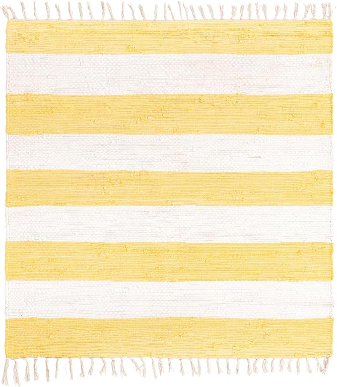 Unique Loom Chindi Rag Collection Area Rug - Striped (5' 1" Square, Yellow and Ivory)