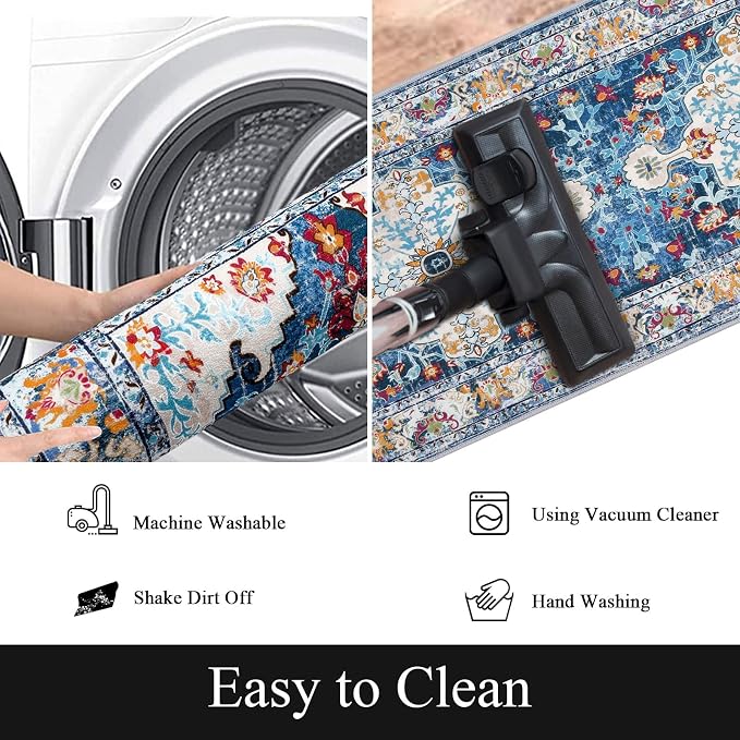 U'Artlines 2' x 6' Boho Hallway Runner Rug Non Slip Washable Runners,Blue | Vintage Farmhouse Kitchen Rug Accent Area Carpet for Entryway Laundry and Living Room