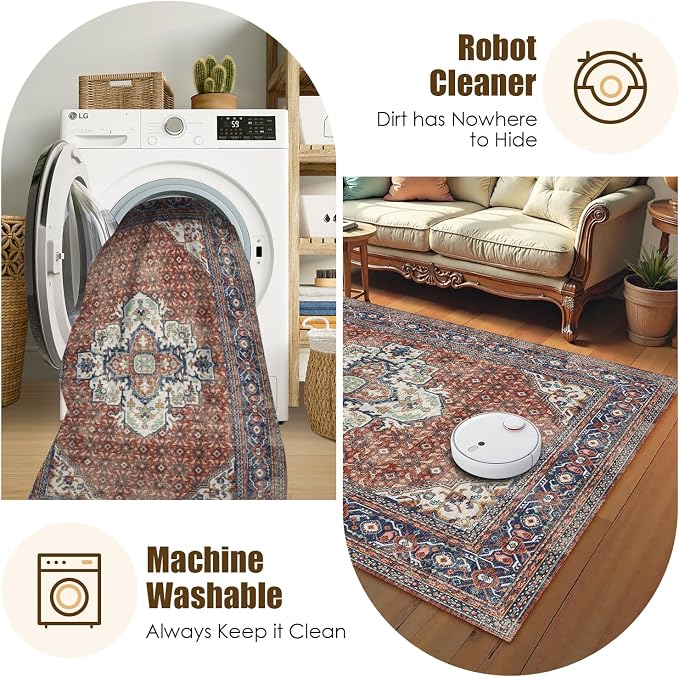 Washable Area Rug 4' x 6' Vintage Traditional Persian Mat - Foldable Distressed Non-Slip Machine Washable Carpet for Living Room Bedroom Kitchen Home Decor - Terracotta and Navy