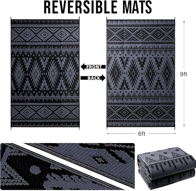 OLANLY Outdoor Rug Waterproof 6x9 ft, Reversible Outdoor Plastic Straw Rug, Boho Patio Rug, Indoor Outdoor Carpet, RV Mat Outside for Patio, Camp, Picnic, Balcony, Deck, Backyard, Black & Grey