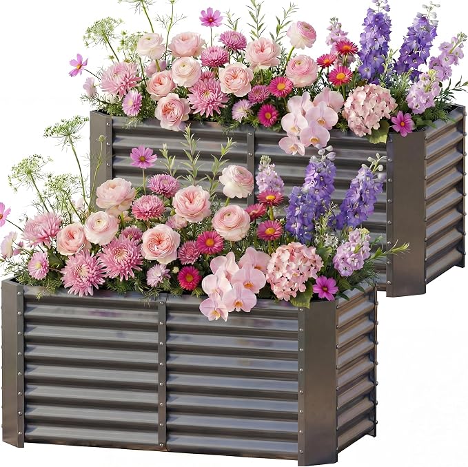 AHEONLAR 2 Pack 4×2×2ft Galvanized Raised Garden Beds, Rectangle Durable Planter Boxes Outdoor for Vegetables, Fruits, Flowers and Plants, Quick Assembly, Grey
