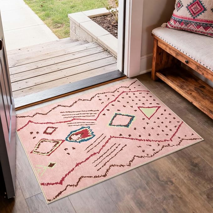 jinchan 2x3 Hot Nerd Rug Modern Boho Geometric Washable Entryway Rug, Pink | Abstract Pattern, Moroccan Inspired, Artistic Lines, Washable, Soft Texture, Non-Slip, Low Pile, Bedroom, Study Room
