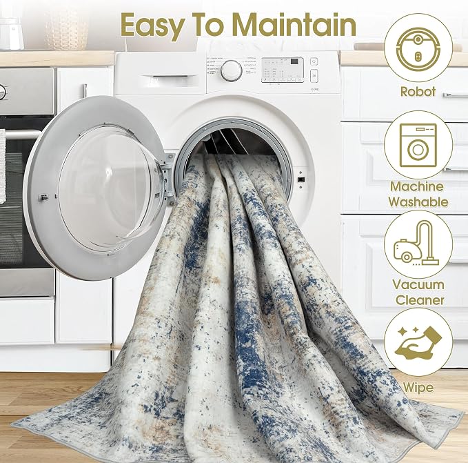 Tosuoka 8x10 Area Rugs for Living Room Abstract Washable Blue Brown Rug | With Anti-Slip Backing，Non-Shedding，Stain-Resistant，Soft Modern Large Carpet for Bedroom Dining Room Farmhouse Nursery