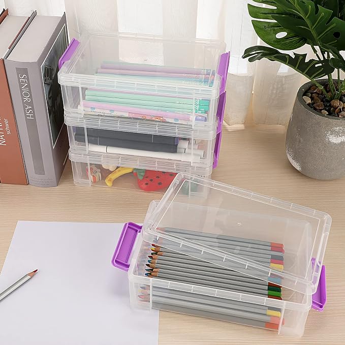 BTSKY 4 Pack Extra Large Plastic Pencil Box Stackable Translucent Clear Pencil Caase Crayon Box Set, Marker Organizer Art Supply Storage Organizer for Gel Pens Pencils Erasers Tape Markers etc(Purple)