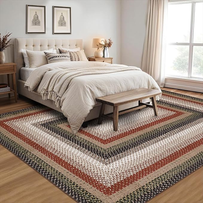RUGSREAL 9x12 Braided Rug Washable Non Slip Living Room Bedroom Area Rugs | Modern Braid Printed Large Dining Room Rug with Rubber Backing Farmhouse Accent Carpet for Home Decor Office, Crimson/Earthy