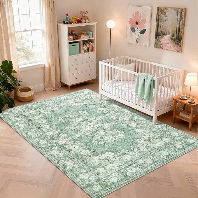 GarveeHome 4x6 Vintage Floral Rug for Living Room Flower Bordered Carpets | Machine Washable Boho Non-Slip Low Pile Botanical Accent Mats Floral Area Rugs for Dining Room Bedroom Office Green