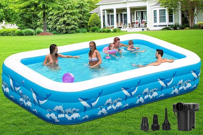 Large Inflatable Pool for Adults Kids, 130" X 72" X 22" Blow-up Pools Inflatable Swimming Pool with Pump, 2026 Oversized Thickened Family Inflatable Kiddie Pool for Backyard Garden Summer Outdoor