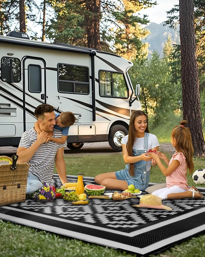 Kohree RV Outdoor Rug 9x12 Reversible, Waterproof Patio Mat with 4 Stakes & UV Fade Resistant, Non-Slip Outdoor Camping Mat for Deck, Picnic, Backyard, Includes Carry Bag (Black & Grey)
