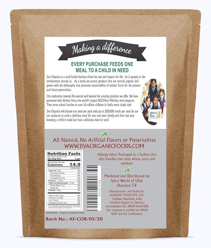Jiva Organics Organic Coriander Seeds Whole 1.25 Pound Bulk Bag - Non-GMO