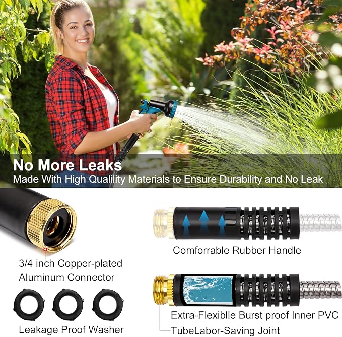 Metal Garden Hose 50 ft x 5/8 in OD with 10 Pattern Sprayer Nozzle, Stainless Steel Water Hose, Non Expandable Flexible Kink Resistant Heavy Duty Hose for Yard, Car Washing and Pet Bath