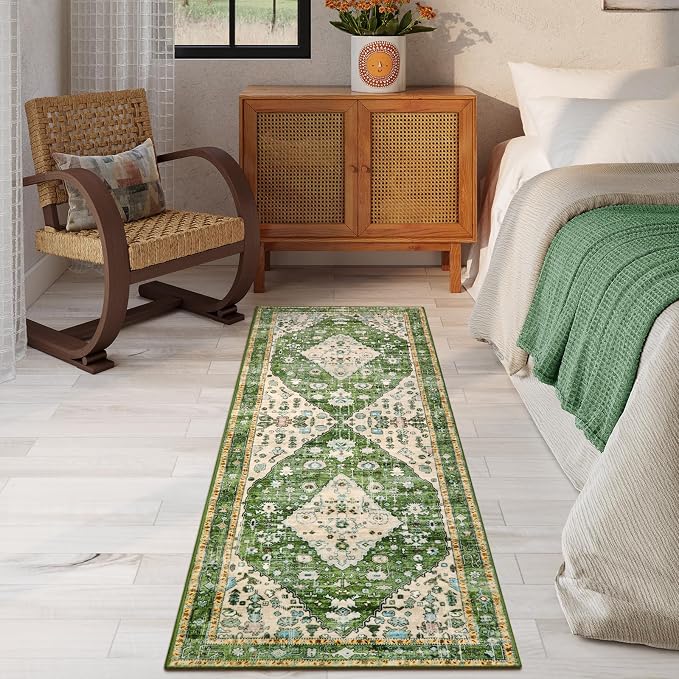 Lahome Felice Boho Tribal Rug - 2x6 Green Bathroom Rug Runner Laundry Room Mat, Vintage Soft Washable Non Slip Accent Carpet for Kitchen Living Room Kitchen Sink Bathroom Doorway