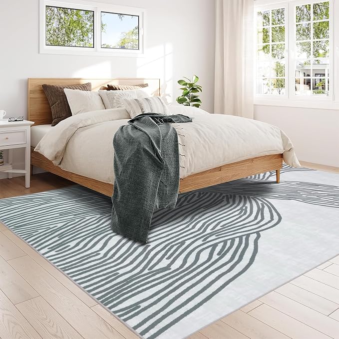 Grey Rug for Living Room, 5×7 Modern Abstract Area Rug, Geometric Contemporary Wave Striped Rugs for Playroom Nursery, Washable Nonslip Large Rug for Bedroom Dining Room