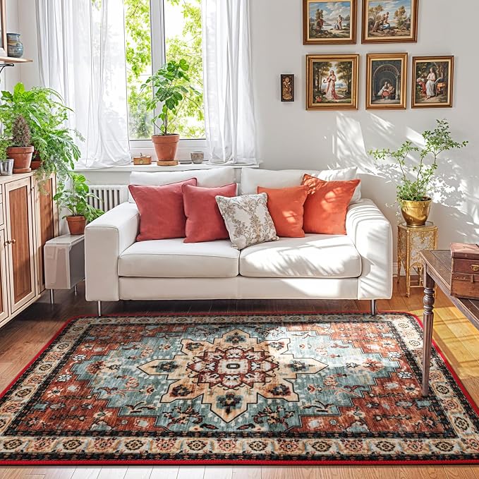 LBRO2M Machine Washable Rug Soft Pet Friendly Carpet 6X9 Red Teal | Area Rug 6X9 for Living Room, Bedroom, Dining Room, Home Office, Non Slip Carpet, Foldable Stain Resistant Rugs
