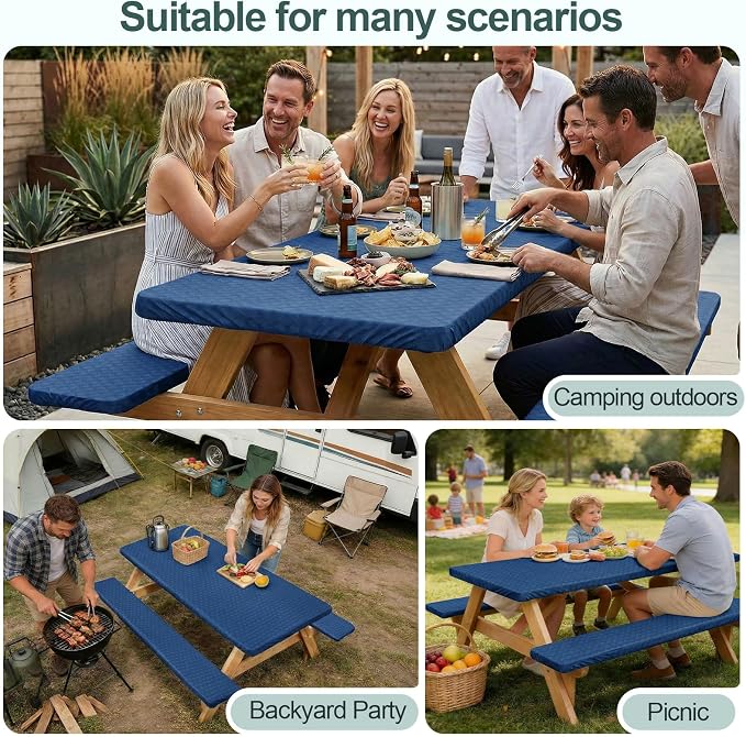 Picnic Table Cover with Bench Covers Camping Essentials Waterproof Windproof Camping Tablecloth with Drawstring Bag, Fitted Rectangle Tables and Seats, 60in, Deep Blue
