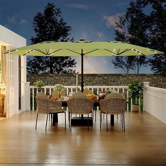 Garvee 15FTt Rectangular Patio Umbrella with Solar Lights & Base Included - Large Patio Umbrella with Crank Handle 48 LED Lights, UV Protection for Outdoor Market, Backyard, Deck, Poolside, Lime Green
