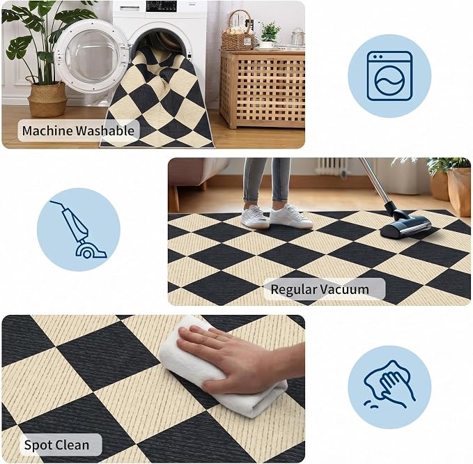 GarveeHome Checkered Entryway Rug 2x3 Black Diamond Washable Front Door | Rug Indoor Entrance Plaid Carpet Non-Slip Low Pile Throw Rugs for Kitchen Floor, Powder Room, Entry, Bathroom, Kids Room