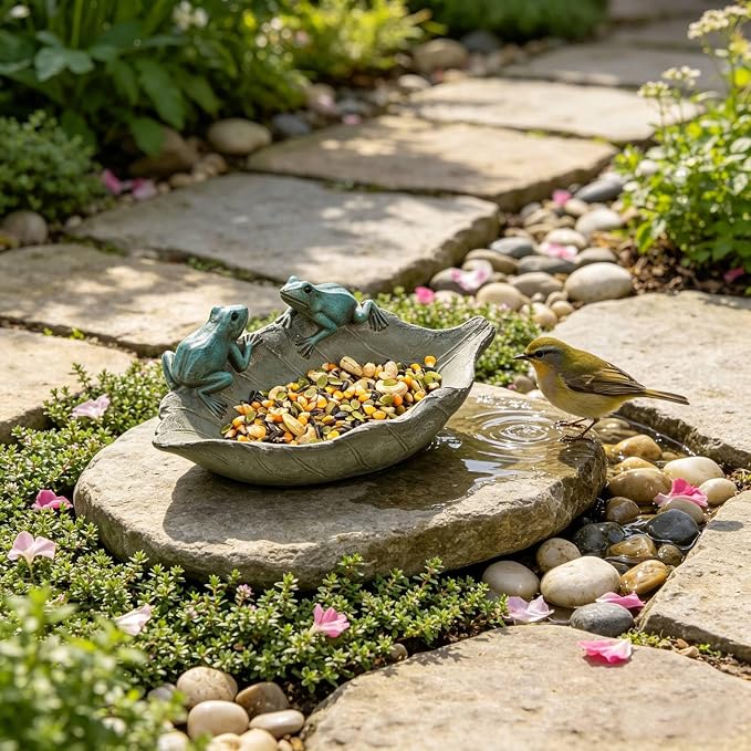 Bird-Feeder Wild Birdbath Bowl Outdoors - Garden Decor Birdfeeder for Outdoor Polyresin Frogs on Leaf Bath Bowl for Outside Yard Table Decor 12 x 7.25 x 3.5 inch Newman House Studio