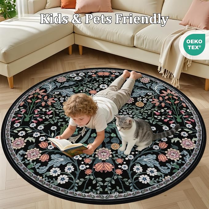 PLHXFR Round Area Rug Living Room: 6 ft Floral Washable Carpet Dark Black | For Bedroom Dining Room Farmhouse Nursery Hallway,Vintage Floral,Machine washable,Non Slip,Stain Resistant,Large Indoor
