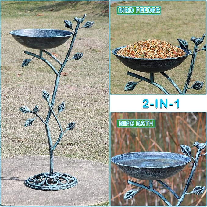HOUYANG 11.4" W x 31" H Cast Iron Pedestal Bird Bath, Birdbaths for Outdoors,Bird Bath for Outside,Vintage Metal Bird Bath Garden Yard Decor