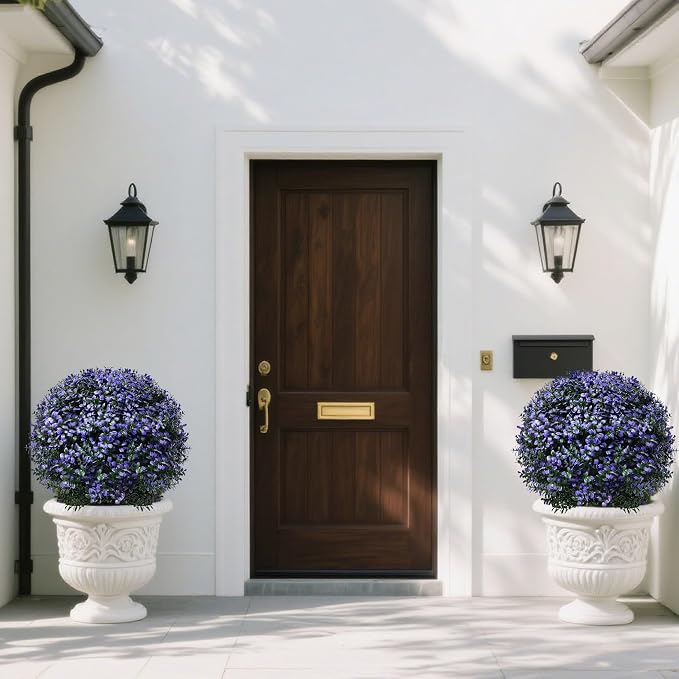 THKFUL Artificial Boxwood Topiary Ball Tree Outdoor Set of 2,Faux Bushes Plants with Spike,Artificial Boxwood Ball Fake Shrubs with Stake UV Resistant for Front Door Outdoor Planter Garden D17