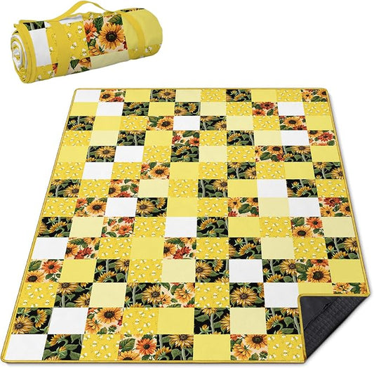 Checkered Picnic Blankets Waterproof Foldable, 60″X80″Sunflower Picnic Mat Outdoor Blanket for Grass, Cute Bee Thick Beach Blanket Sandproof Picnic Accessories for Camping Party Park Patio