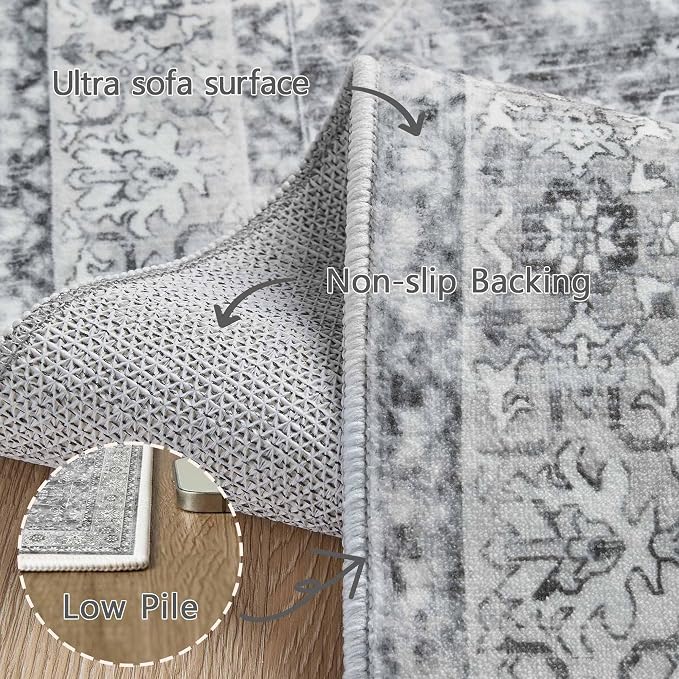 Latte&Fog 4x6 Area Rugs for Living Room, Vintage Washable Grey Rug | Non Slip Low Pile Soft Floral Cute Carpet for Dining Kitchen Kids Playroom Nursery Guest Room Classroom Dorm Farmhouse Office