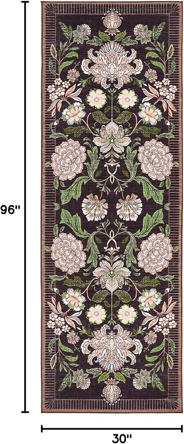 GarveeHome Plum Pink Floral Botanical 2.5x8 Washable Kitchen Runner Rugs Non Slip Black Purple Vintage Boho Cottage Long Rug for Hallways Bedroom Entryway Bathroom Mat with Rubber Back
